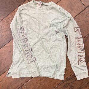 PINK Victoria's Secret Pale Mint Long-Sleeve Tee with Sequin Sleeve Logo